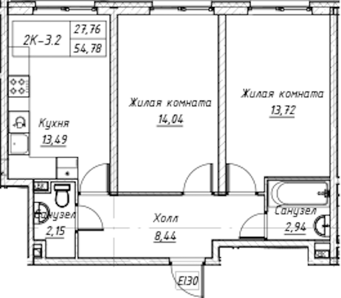 2-комнатная квартира 54.78 м², 2/14 эт., Комплекс апартаментов «Zoom на Неве»